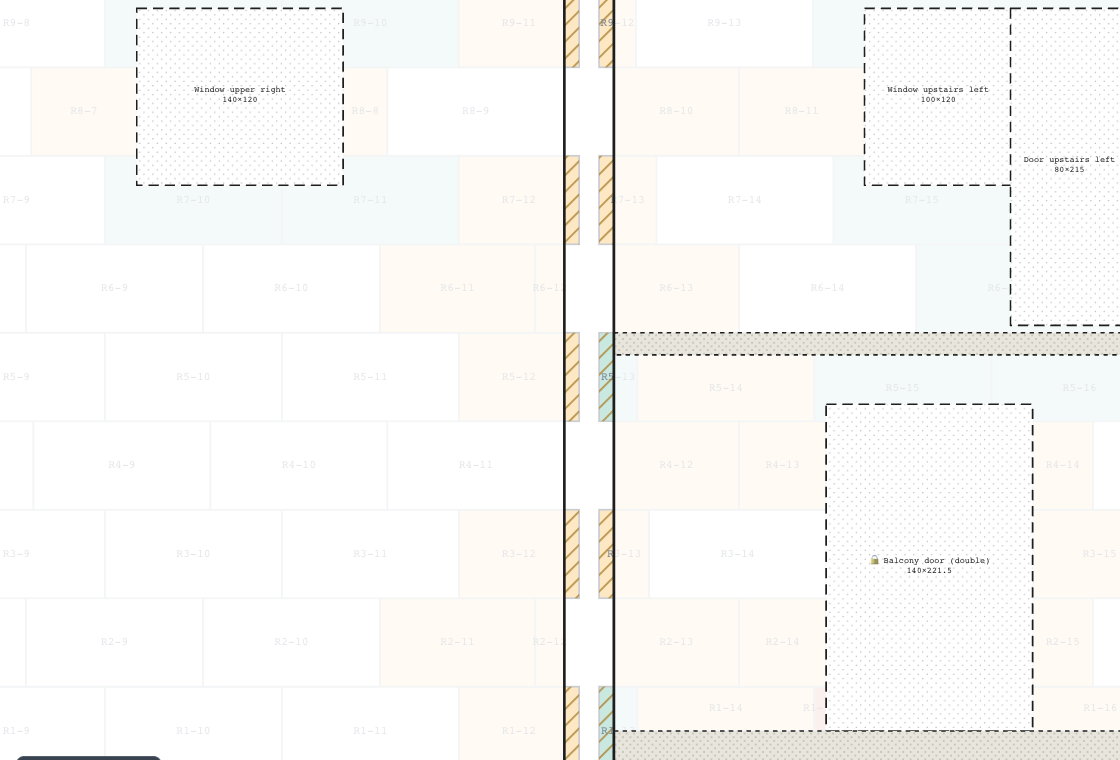 Close-up of a corner: the hatched overhang strips alternate between the two walls, row by row.