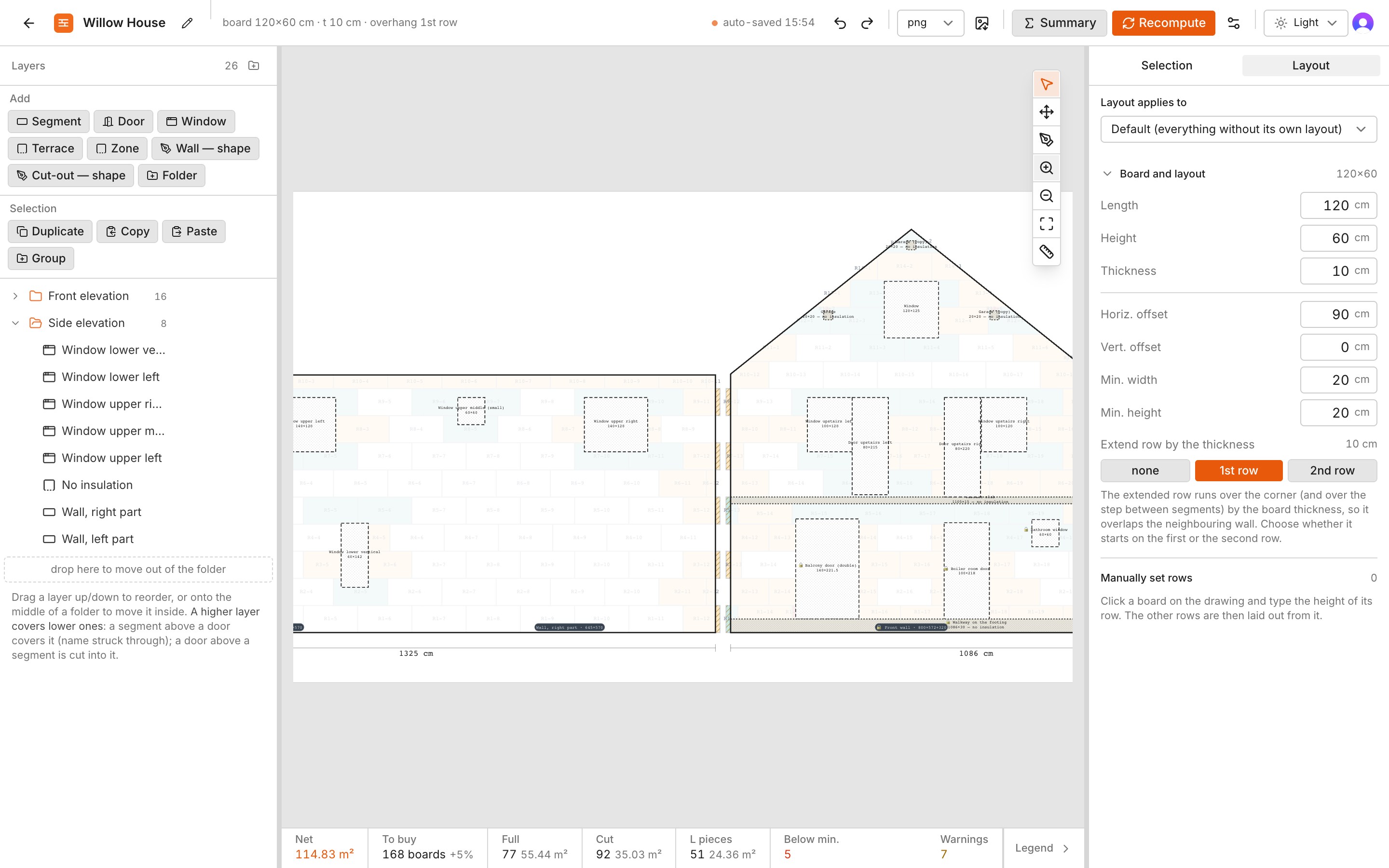 The Fasadero editor: a two-storey house with a gable drawn on a white sheet, boards laid in staggered rows, windows and doors cut out, the layers on the left and the layout settings on the right.