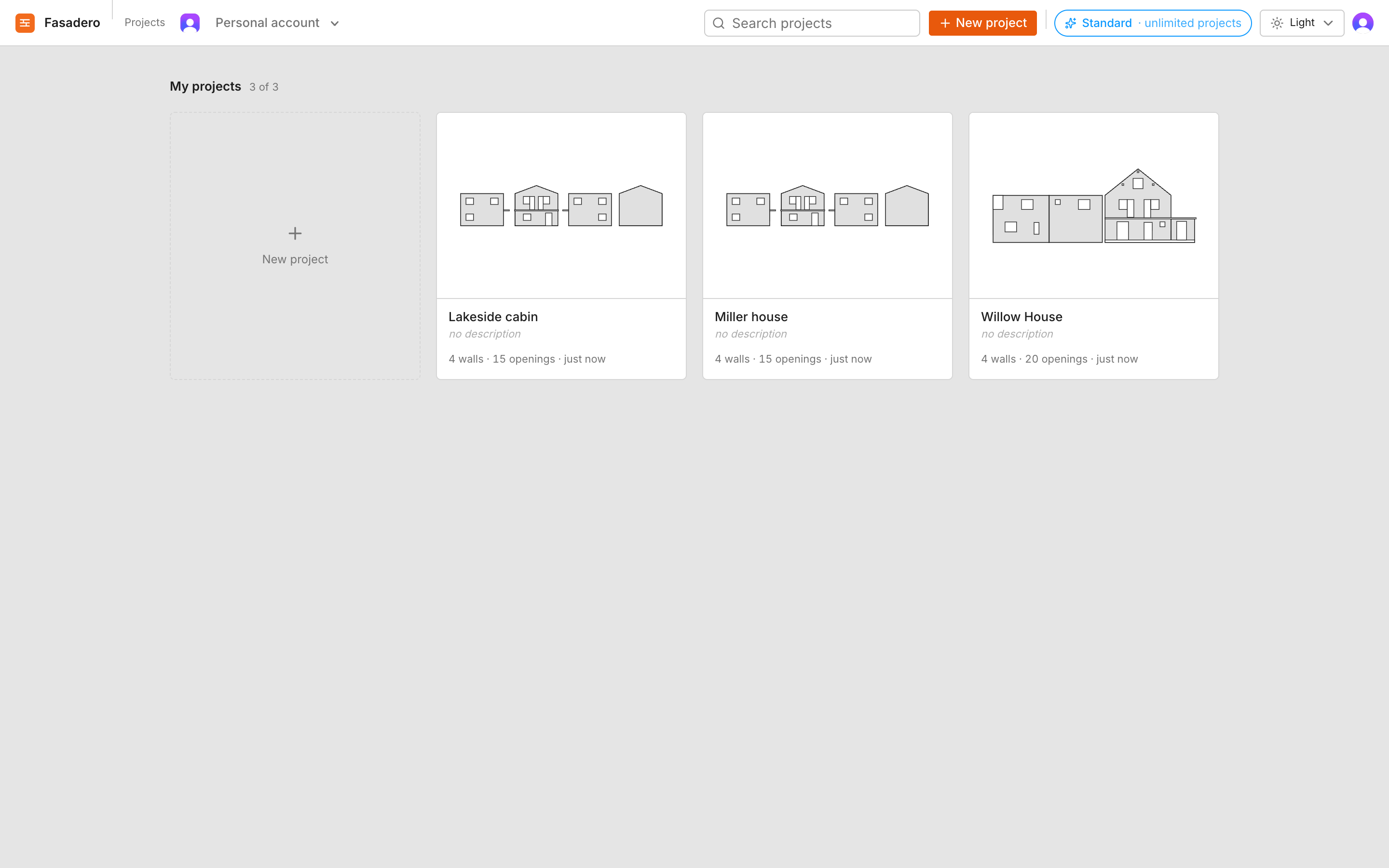 The projects page: three project cards with a silhouette of each house, the wall and opening counts and the time of the last change.