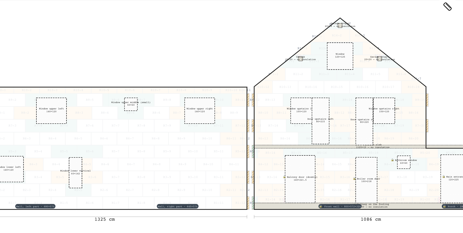 The finished sheet: the side and front elevation of the house with every board drawn, the openings cut out and the wall lengths written below.